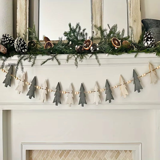 Christmas Wooden Wreath with 12 Trees and Beads for Winter Holiday Fireplace Decoration