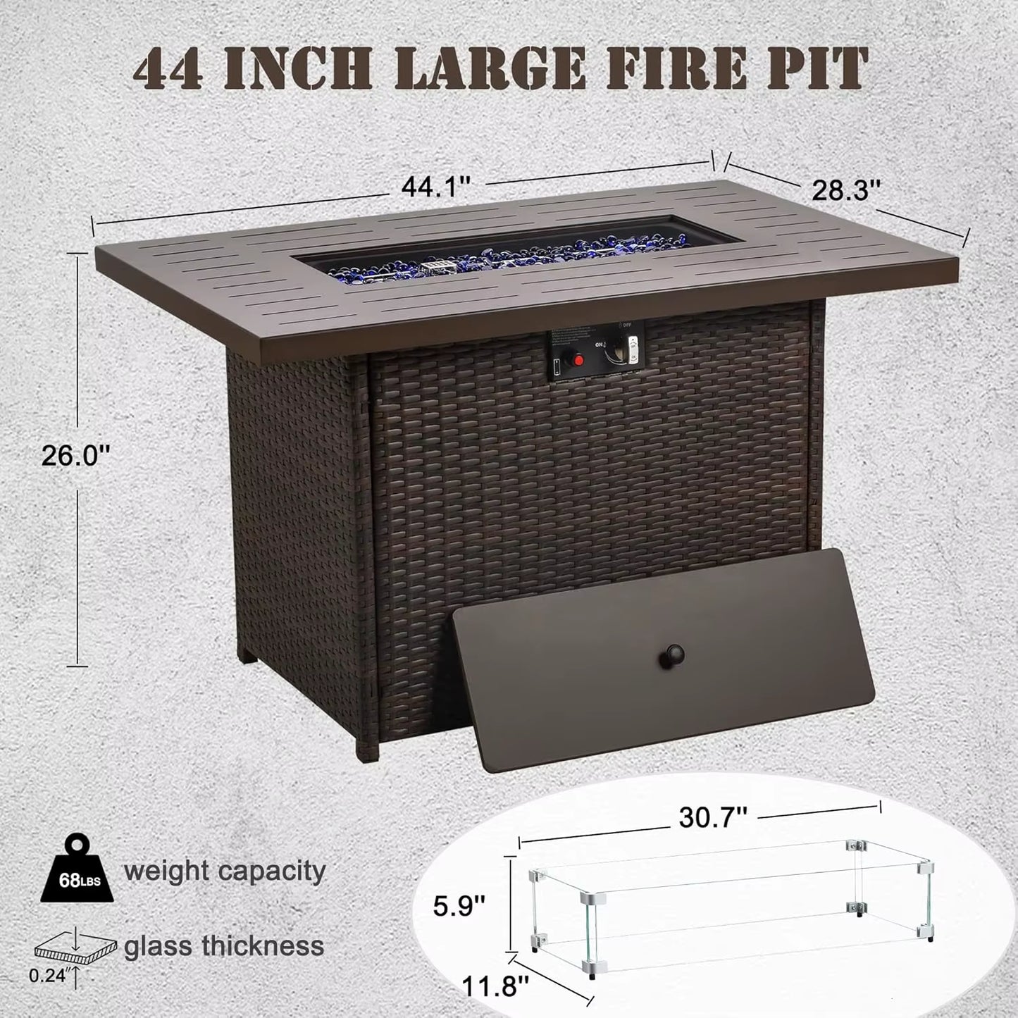 Propane Fire Pit Table,44 Inch 55000 BTU Outdoor Gas Fire Pit Rectangular with Glass Wind Guard (Brown-Aluminum Top)