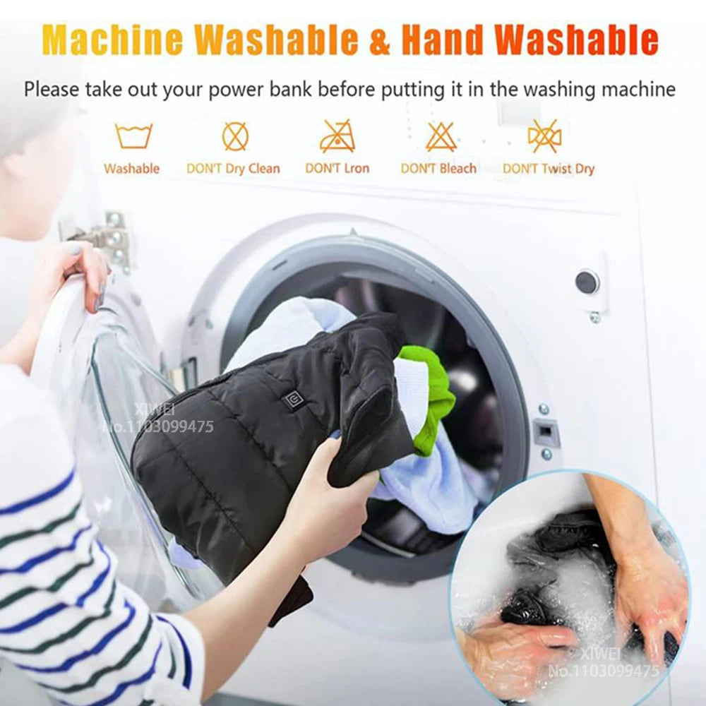 Person holding a black power bank with washing instructions displayed above.