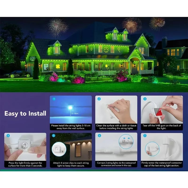 150Ft Permanent Eaves LED Smart RGB Outdoor Led Lights for House with Remote Full House Eaves Light Christmas Holiday Decor