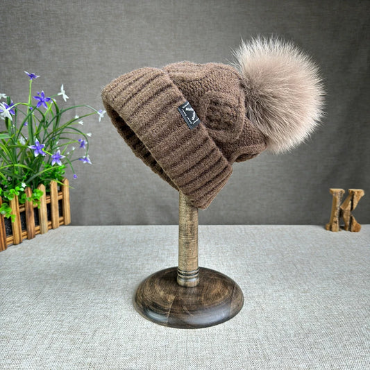 Women's Winter Beanie - Fur Pompom - Twist Pattern