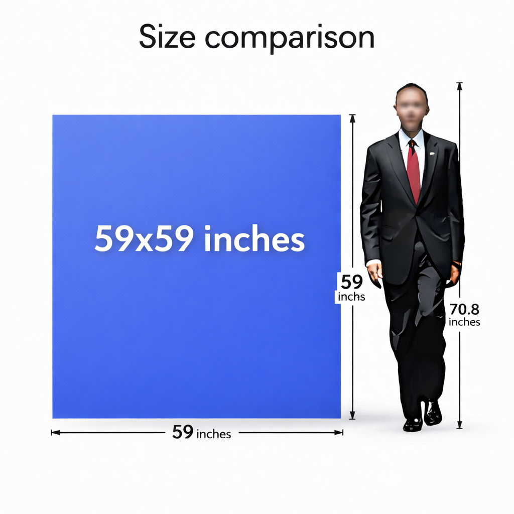 Size comparison chart showing a 59x59 inches square and a person standing next to it.