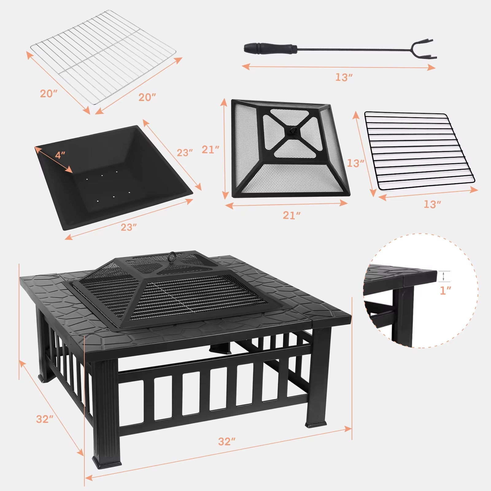AOOU Steel Fire Pits for Outside, 32'' Square Wood Burning Fire Pit Table, Outdoor Patio BBQ Firepit Bonfire Party