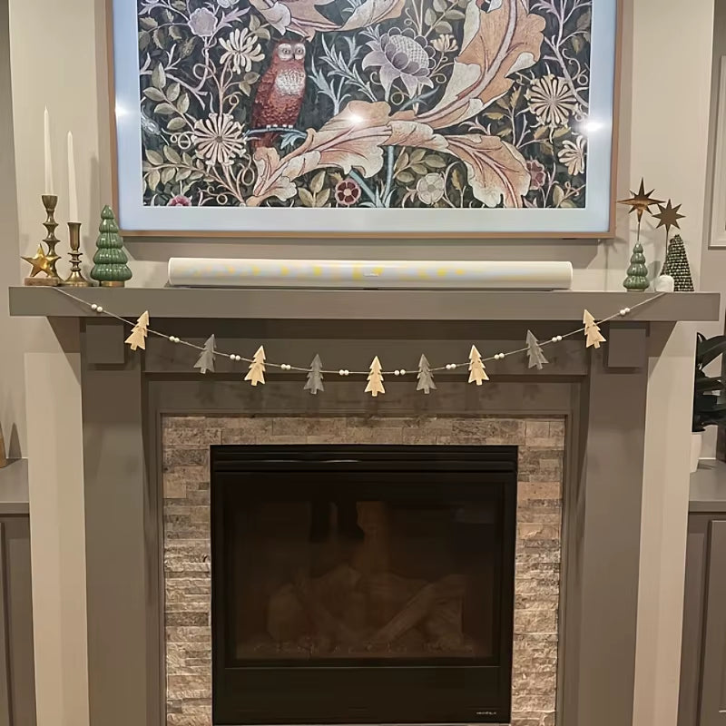 Christmas Wooden Wreath with 12 Trees and Beads for Winter Holiday Fireplace Decoration