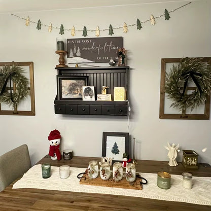 Christmas Wooden Wreath with 12 Trees and Beads for Winter Holiday Fireplace Decoration