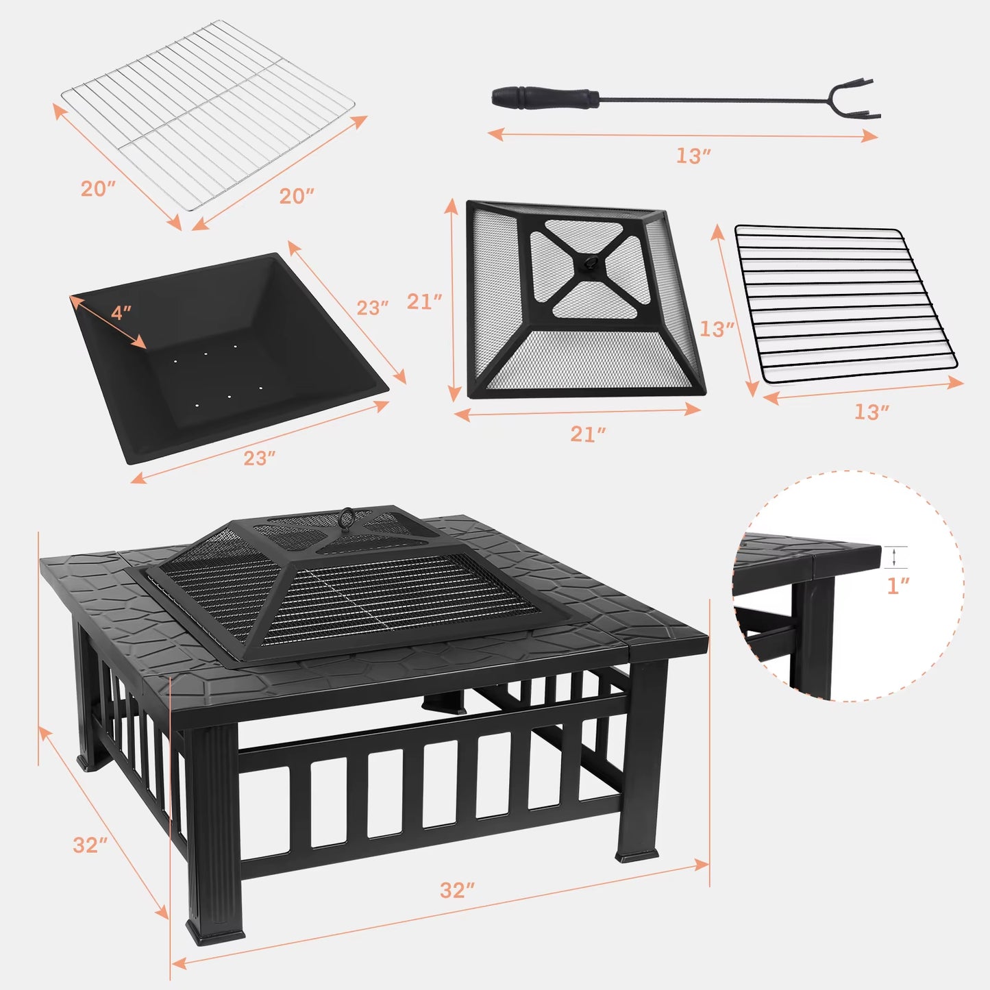 AOOU Steel Fire Pits for Outside, 32'' Square Wood Burning Fire Pit Table, Outdoor Patio BBQ Firepit Bonfire Party