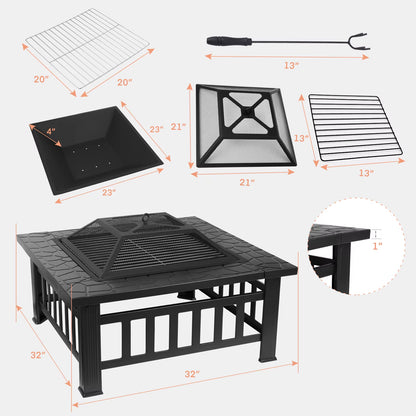 AOOU Steel Fire Pits for Outside, 32'' Square Wood Burning Fire Pit Table, Outdoor Patio BBQ Firepit Bonfire Party