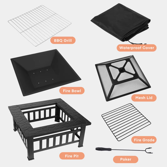 AOOU Steel Fire Pits for Outside, 32'' Square Wood Burning Fire Pit Table, Outdoor Patio BBQ Firepit Bonfire Party