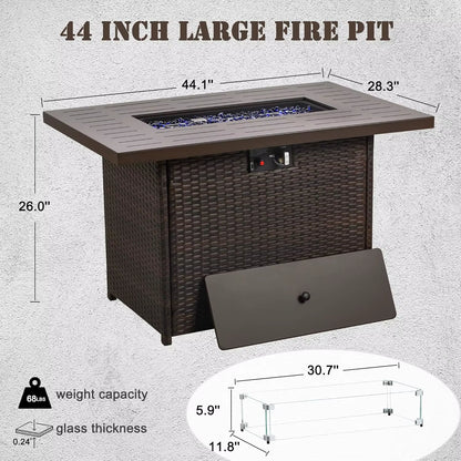 Propane Fire Pit Table,44 Inch 55000 BTU Outdoor Gas Fire Pit Rectangular with Glass Wind Guard (Brown-Aluminum Top)
