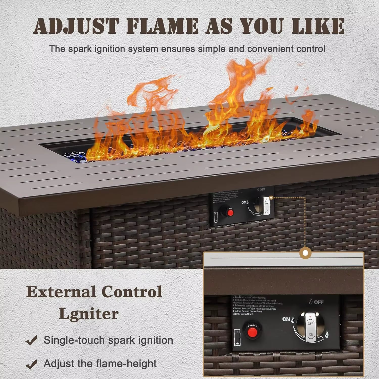 Propane Fire Pit Table,44 Inch 55000 BTU Outdoor Gas Fire Pit Rectangular with Glass Wind Guard (Brown-Aluminum Top)