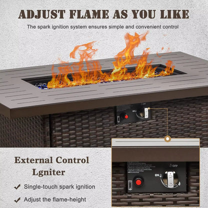 Propane Fire Pit Table,44 Inch 55000 BTU Outdoor Gas Fire Pit Rectangular with Glass Wind Guard (Brown-Aluminum Top)