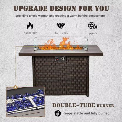Propane Fire Pit Table,44 Inch 55000 BTU Outdoor Gas Fire Pit Rectangular with Glass Wind Guard (Brown-Aluminum Top)
