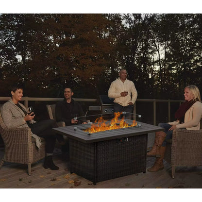 Propane Fire Pit Table,44 Inch 55000 BTU Outdoor Gas Fire Pit Rectangular with Glass Wind Guard (Brown-Aluminum Top)