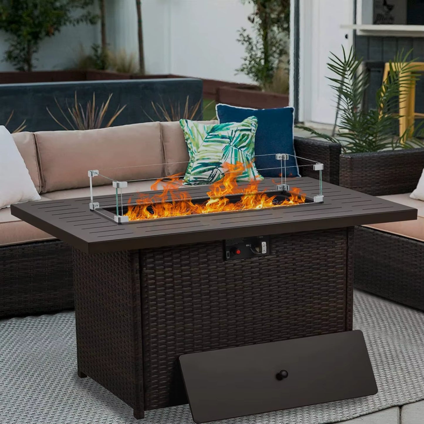 Propane Fire Pit Table,44 Inch 55000 BTU Outdoor Gas Fire Pit Rectangular with Glass Wind Guard (Brown-Aluminum Top)