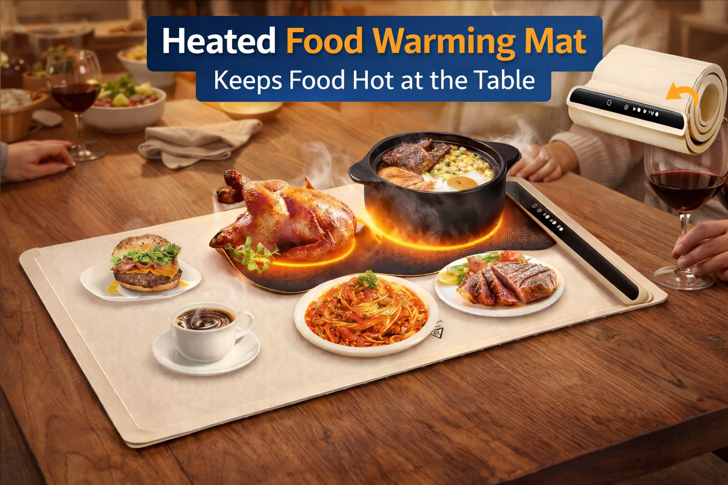 Heated food warming mat on a table with various dishes and a person holding a glass of wine.