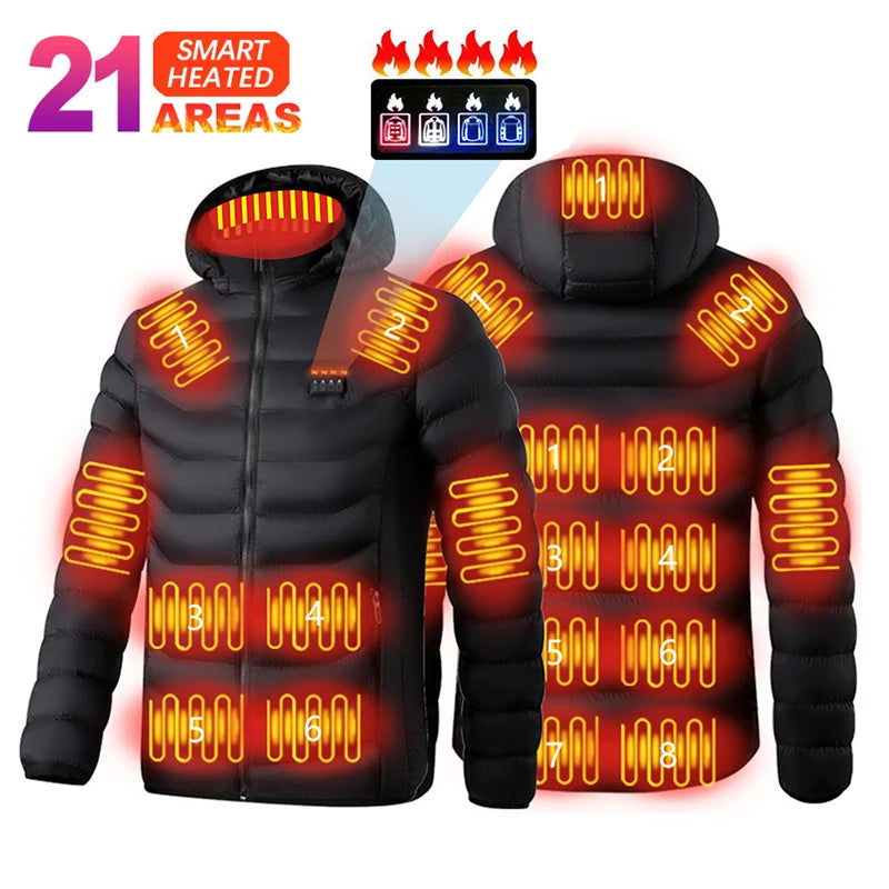 Black heated jacket with heating elements highlighted on a white background
