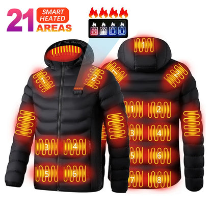 Black heated jacket with heating elements highlighted on a white background