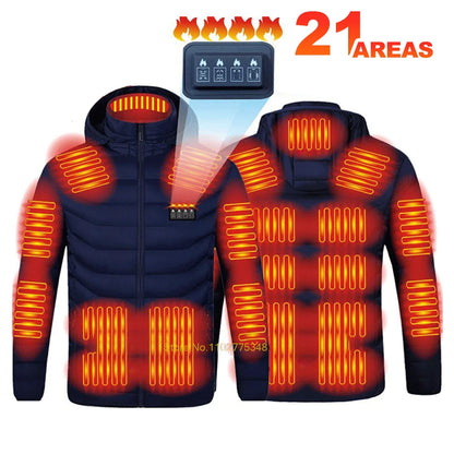 Heated jacket with visible heating elements and control panel on a white background