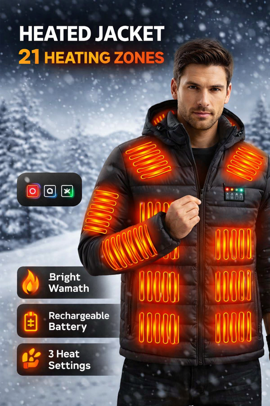 Heated jacket with 21 heating zones on a snowy background
