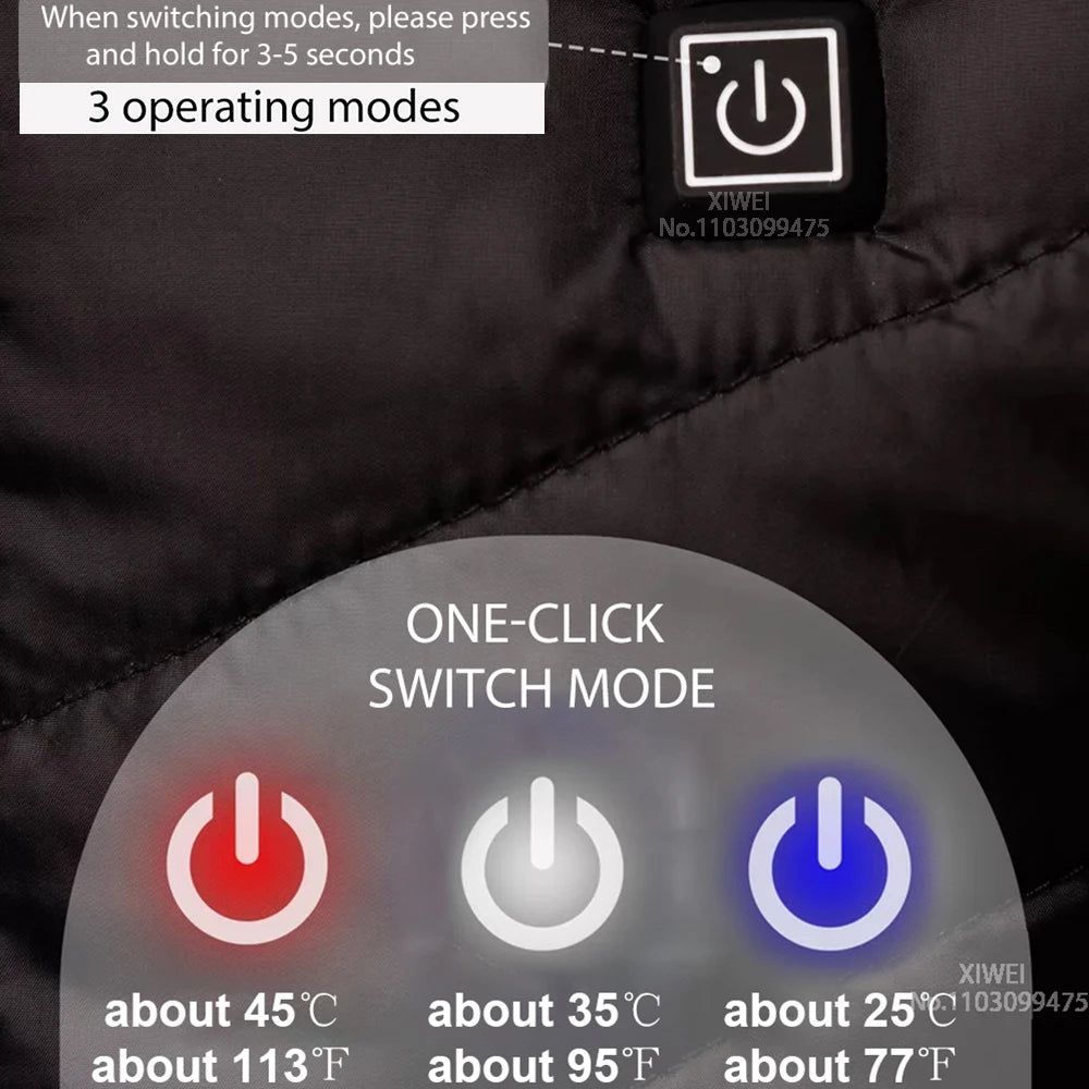Control panel of a heated jacket with temperature indicators and mode switching instructions.