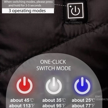 Control panel of a heated jacket with temperature indicators and mode switching instructions.