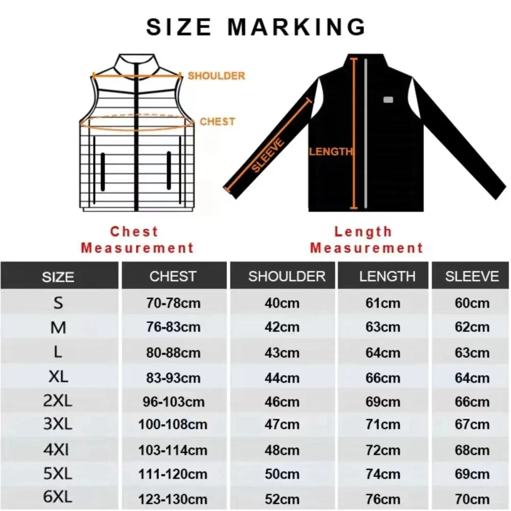 Size marking chart for a jacket and vest with measurements labeled.
