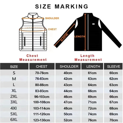 Size marking chart for a jacket and vest with measurements labeled.