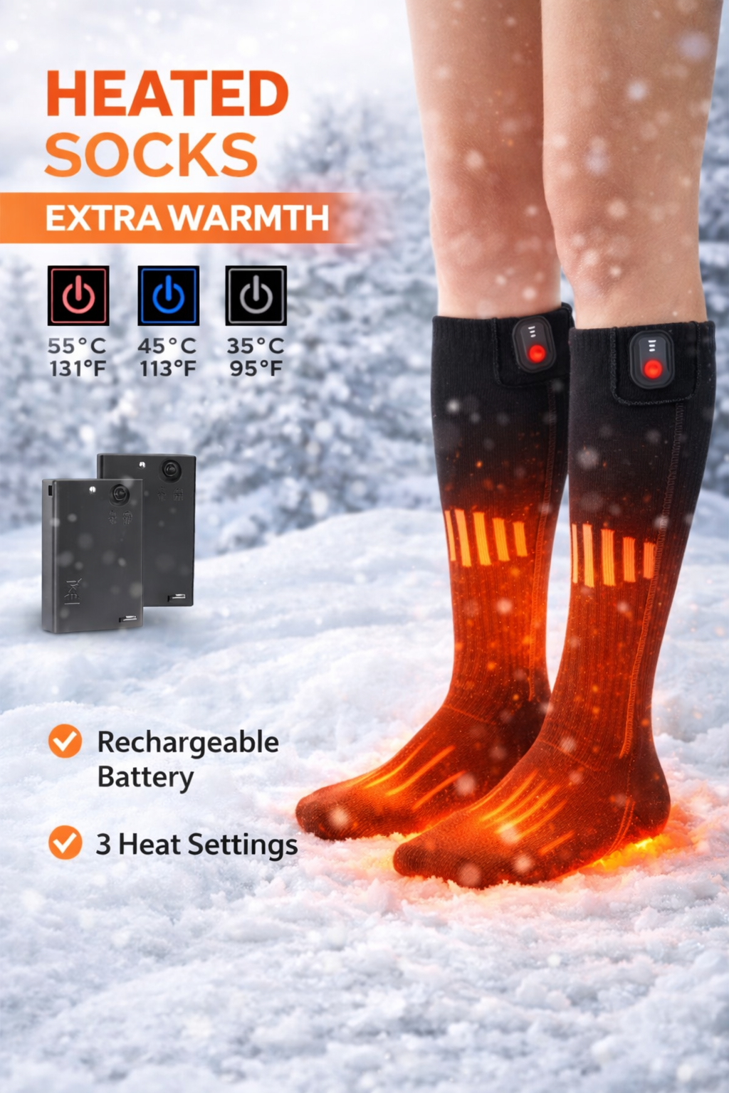 Heated socks with rechargeable battery and 3 heat settings displayed on a snowy background.