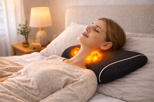 Woman lying on a bed with an electric neck pillow, surrounded by a cozy bedroom setting.