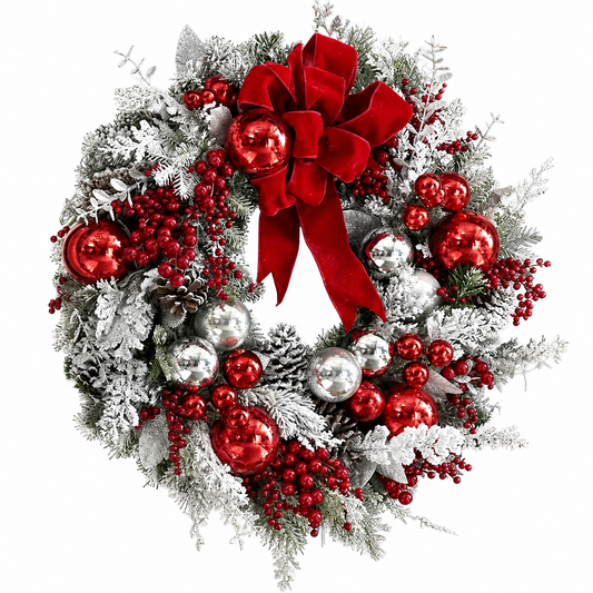 Christmas Wreath - Red Ball Ornaments - Front Door & Mantle Decor