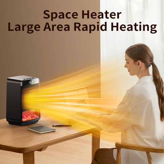 Portable Electric Heater - 3D Flame Effect - Silent & Timer