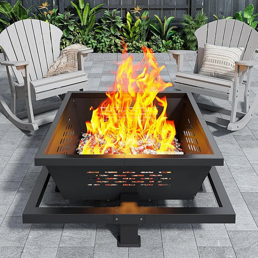 42-Inch Square Fire Pit - Wood Burning with Poker - Backyard & Patio