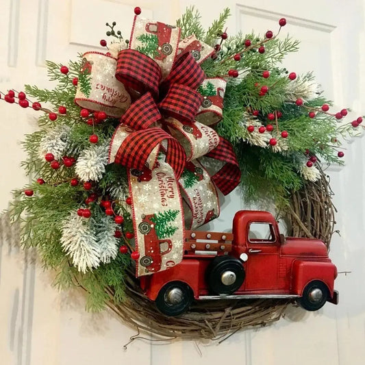 Farmhouse Red Truck Wreath - Christmas Door Hanging - Buffalo Plaid