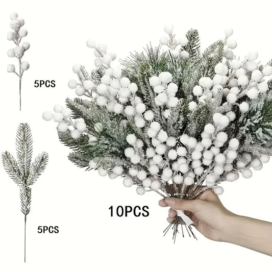 Snow White Pine Needle Bouquet - 5/10-Piece Set - Christmas Decor