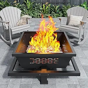 42-Inch Square Fire Pit - Wood Burning with Poker - Backyard & Patio