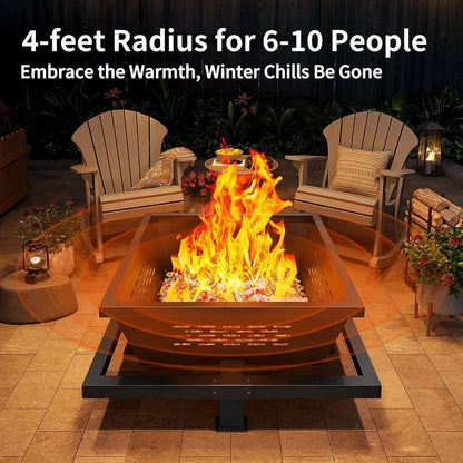 42-Inch Square Fire Pit - Wood Burning with Poker - Backyard & Patio