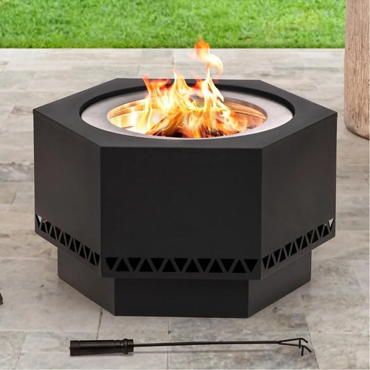 26-Inch Hexagonal Fire Pit - Smokeless Wood Burning - Cover & Poker