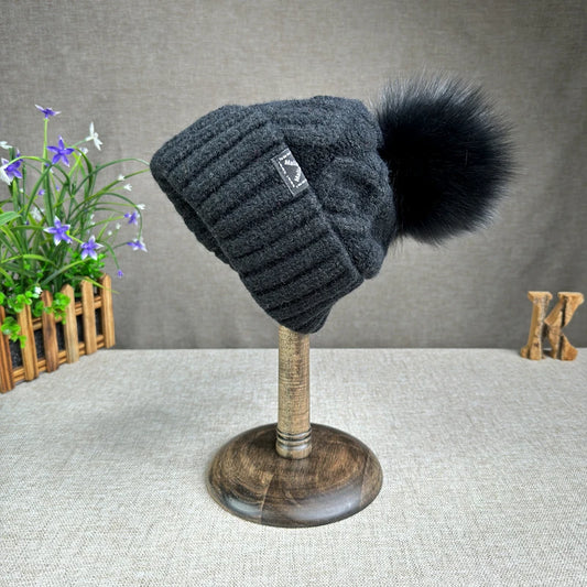Women's Winter Beanie - Fur Pompom - Twist Pattern