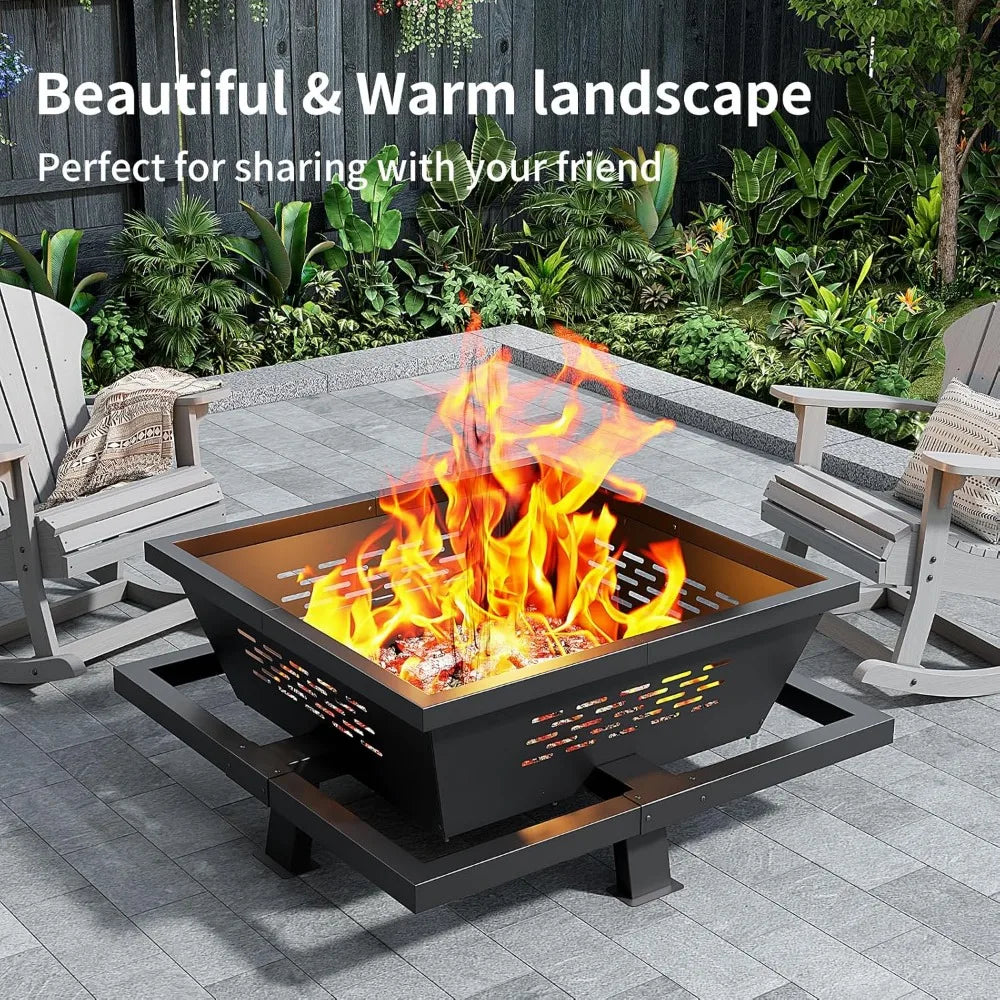 42-Inch Square Fire Pit - Wood Burning with Poker - Backyard & Patio