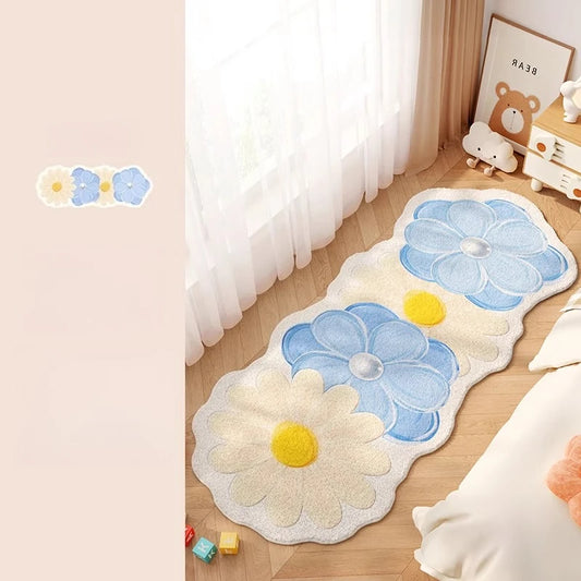 Flower Pattern Plush Carpet - Thick Washable Rug - Bedroom & Living Room