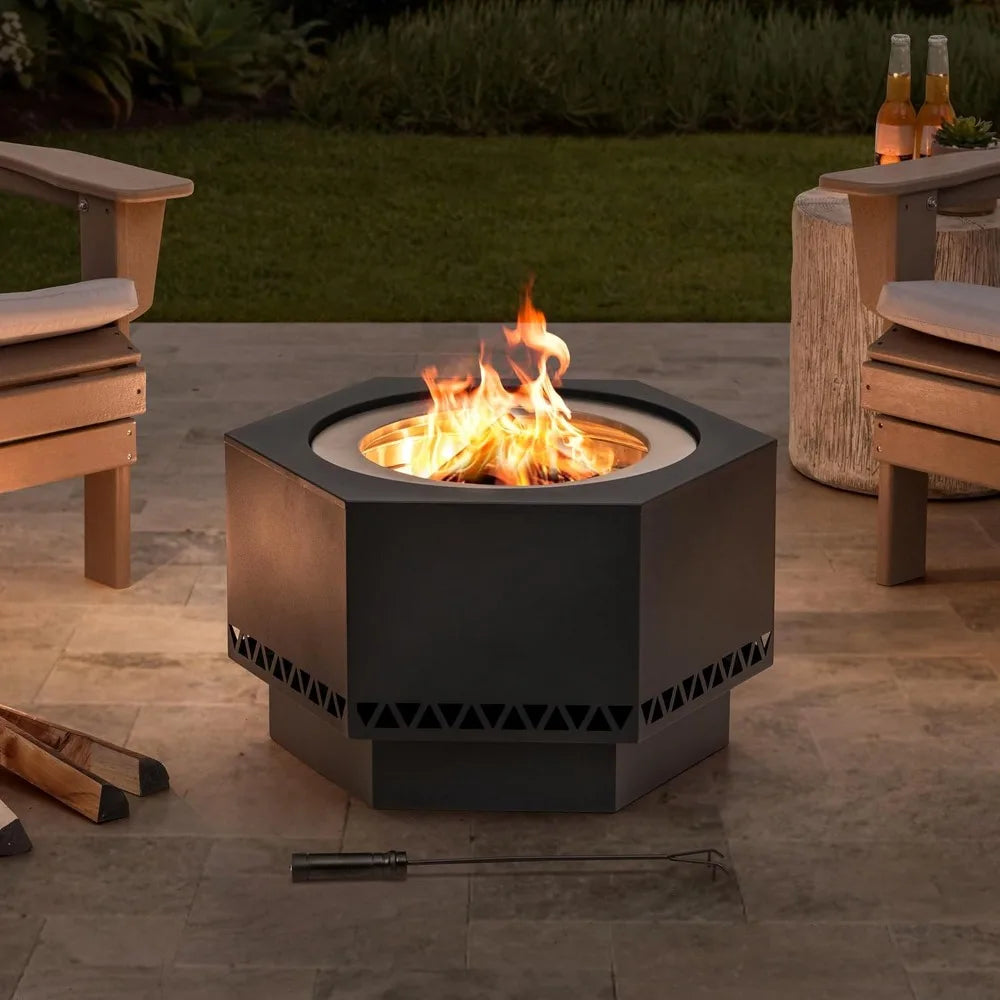 26-Inch Hexagonal Fire Pit - Smokeless Wood Burning - Cover & Poker