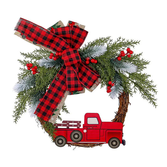 Farmhouse Red Truck Wreath - Christmas Door Hanging - Buffalo Plaid