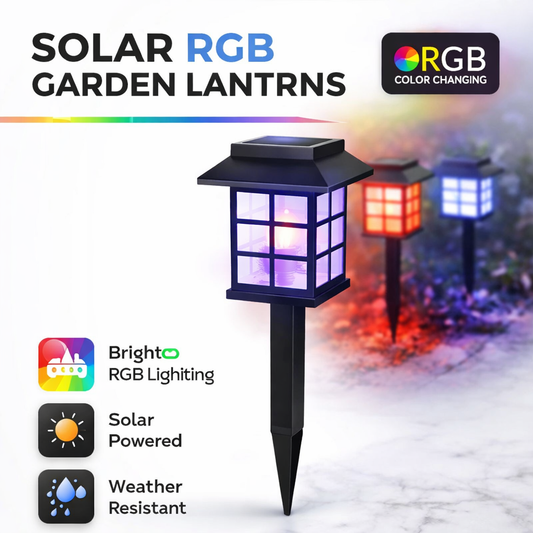 Solar RGB garden lanterns with color-changing feature on a white background
