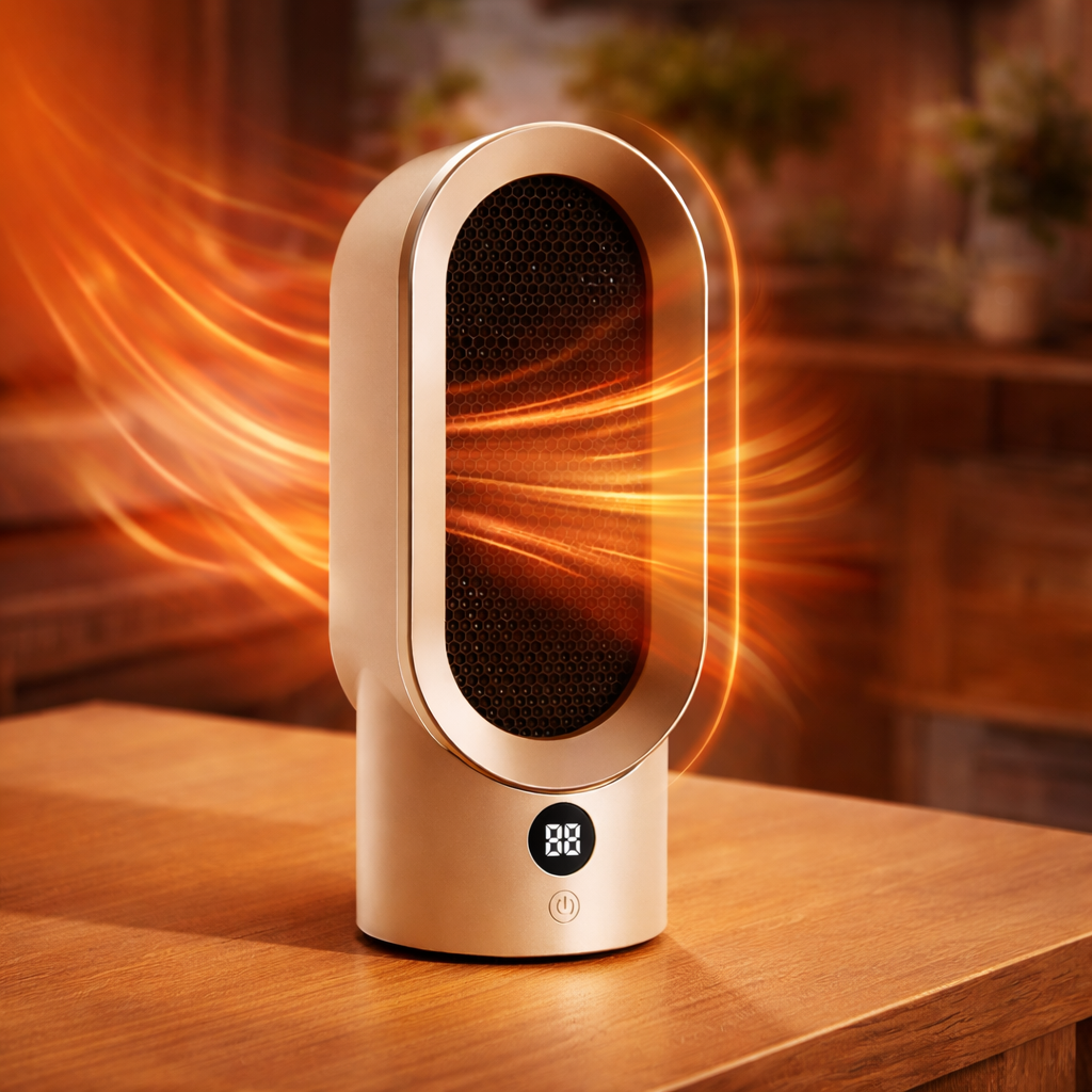 Portable space heater emitting heat on a wooden surface with a blurred indoor background