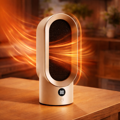 Portable space heater emitting heat on a wooden surface with a blurred indoor background