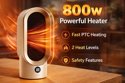 800W Powerful Heater with heating elements and features on a wooden surface