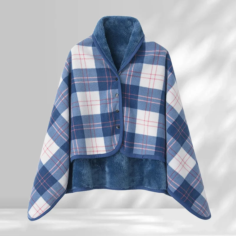 Blue and white plaid blanket with a textured border on a gray background