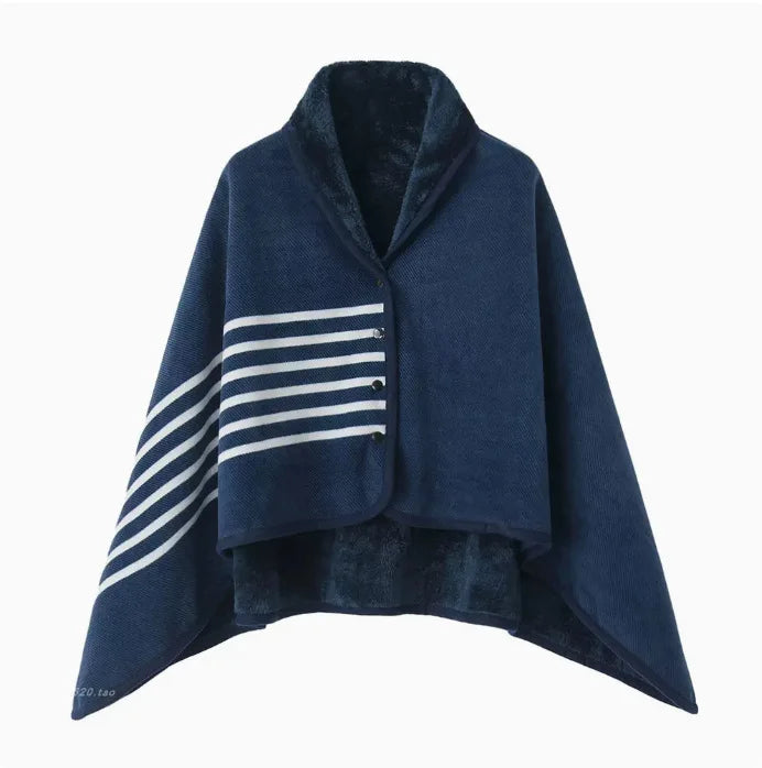 Navy blue poncho with white stripes on a white background