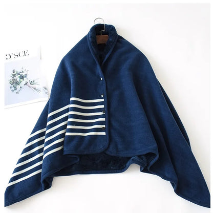 Blue poncho with white stripes on a hanger against a white background