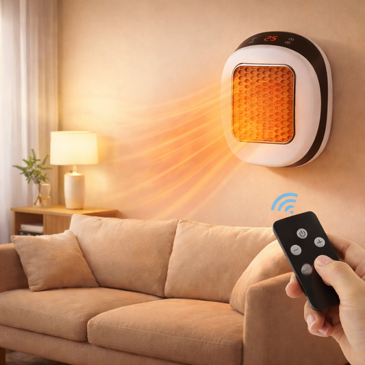 Wall-mounted infrared heater emitting heat in a living room with a remote control held by a hand.